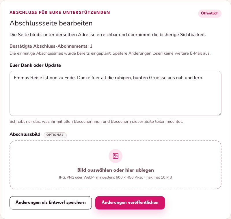 Editor für die Abschlussseite mit Dankestext, optionalem Bild und Veröffentlichungsschaltfläche