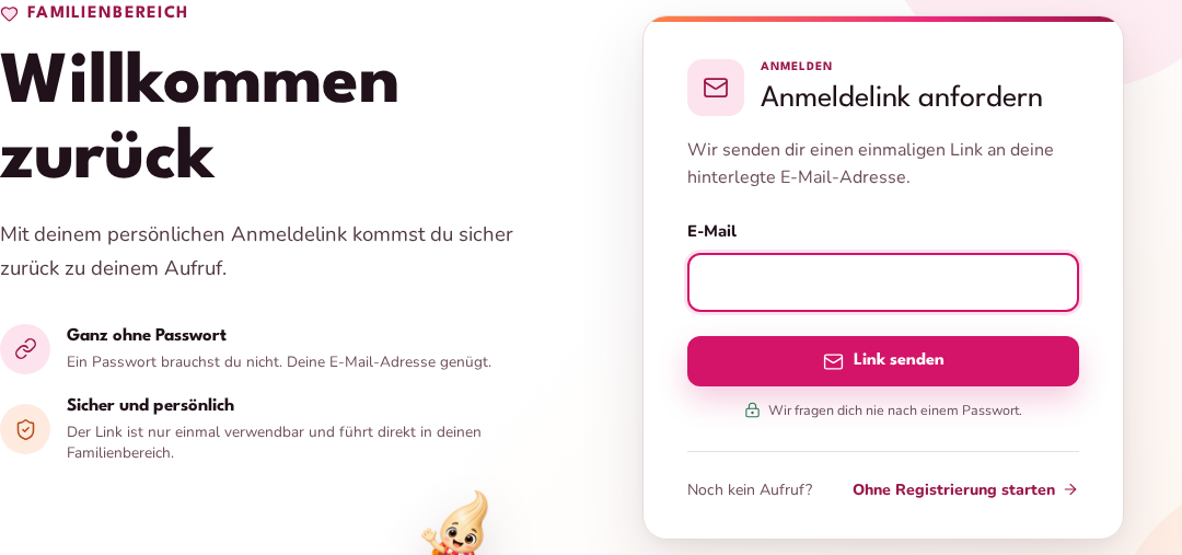 Anmeldeseite für Familien mit E-Mail-Feld und Schaltfläche zum Senden eines Magic-Links