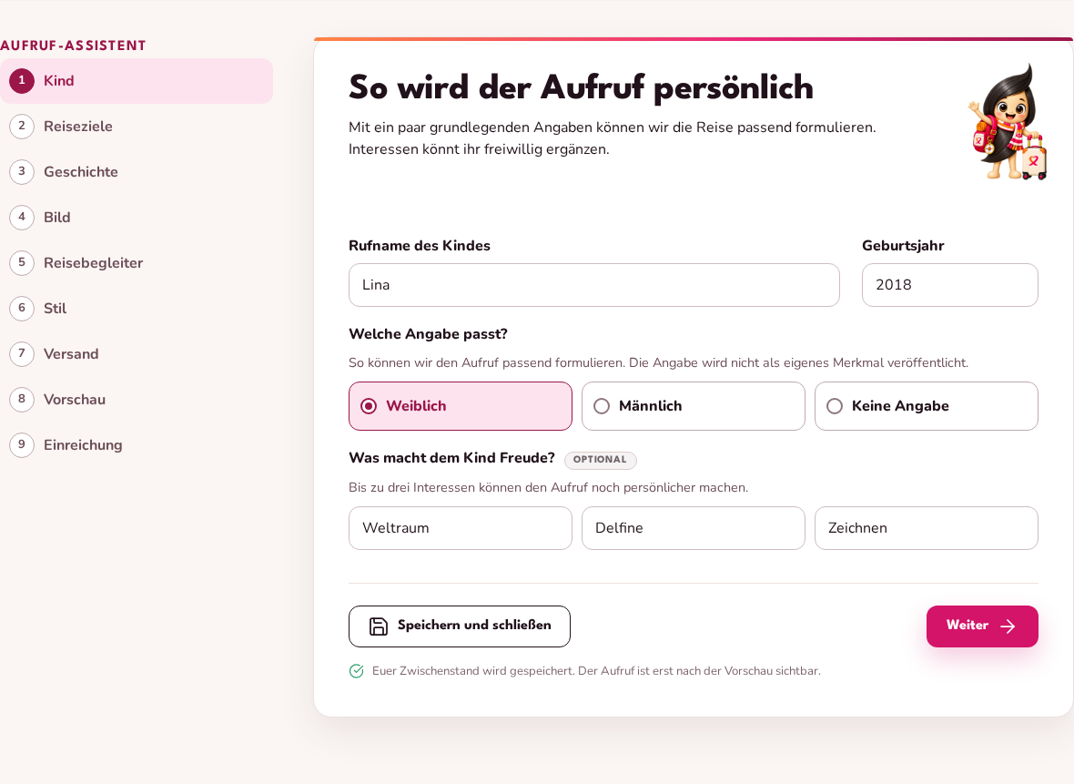 Erster Schritt des Aufruf-Assistenten mit Rufname, Geburtsjahr und freiwilligen Interessen