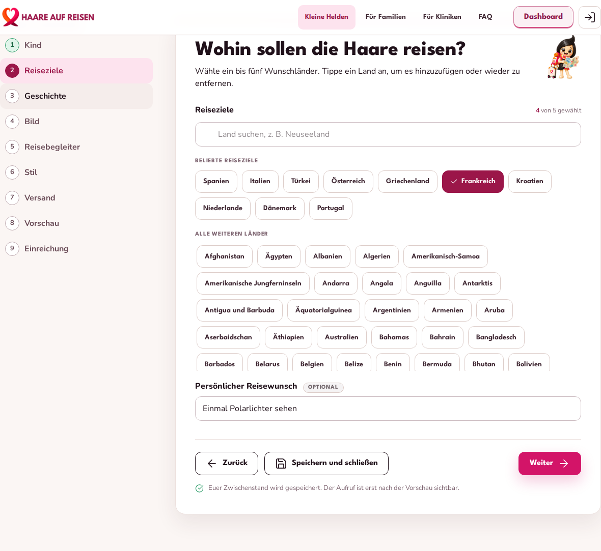 Reiseziel-Auswahl im Aufruf-Assistenten mit ausgewählten Ländern