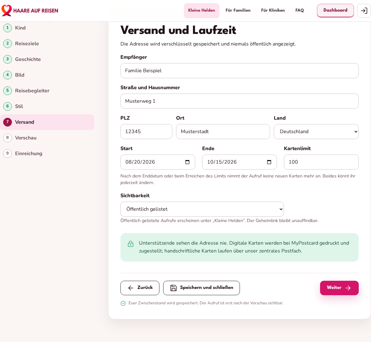 Schritt Versand und Laufzeit mit verschlüsselter Adresse, Enddatum, Kartenlimit und Sichtbarkeit