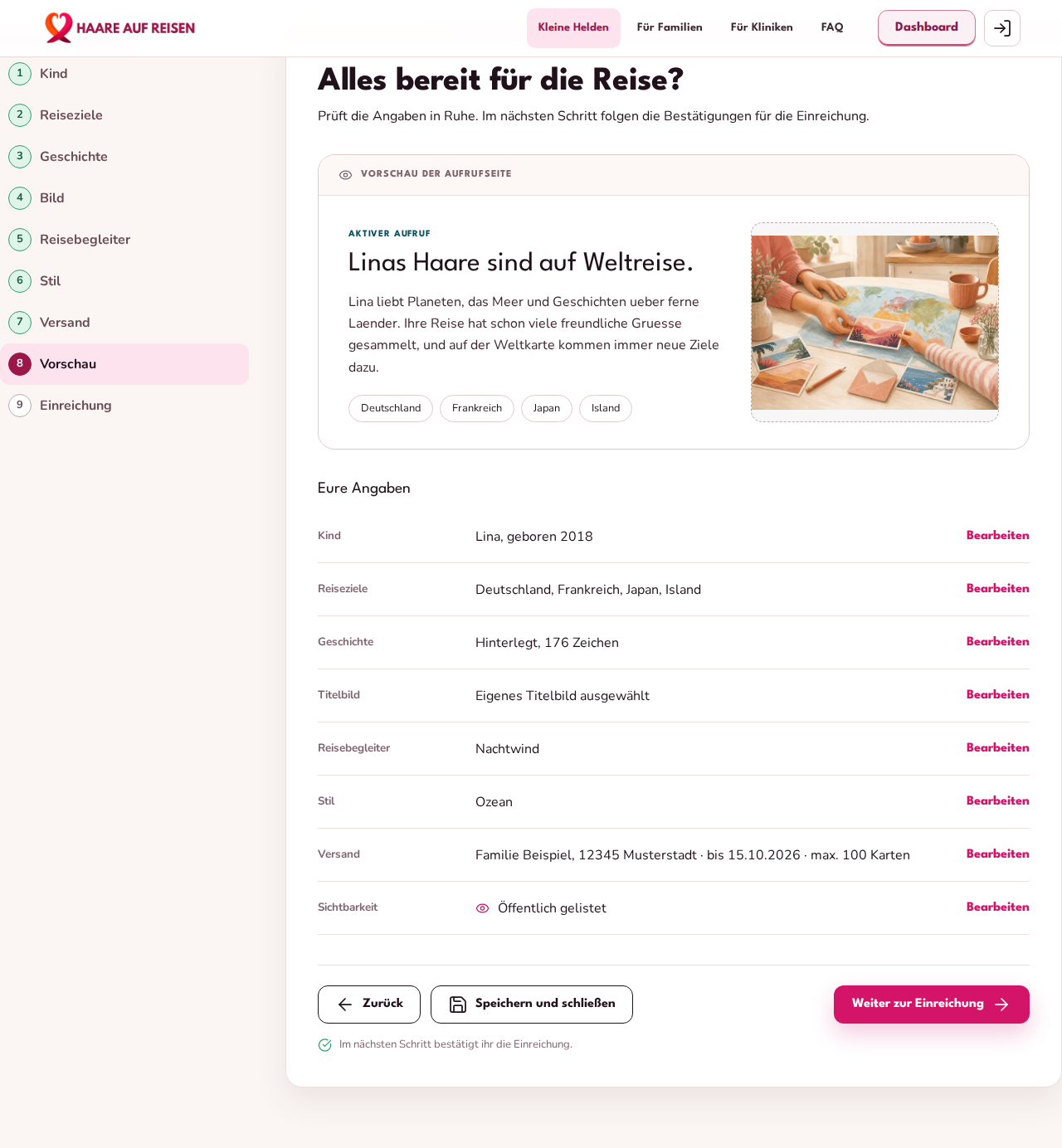 Vorschau des Aufrufs im gewählten Stil mit Zusammenfassung der Angaben