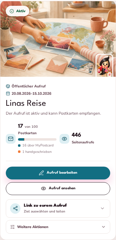 Aufrufkarte im Familien-Dashboard auf einem Smartphone