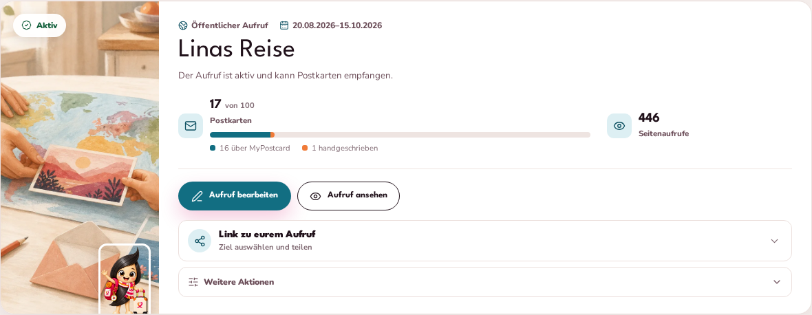 Familien-Dashboard mit Aufrufstatus, Postkartenstand, anonymen Aufrufen und den wichtigsten Aktionen