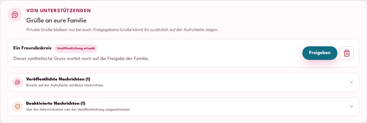 Bereich Grüße an eure Familie mit privatem Gruß und einer zur Veröffentlichung erlaubten Nachricht