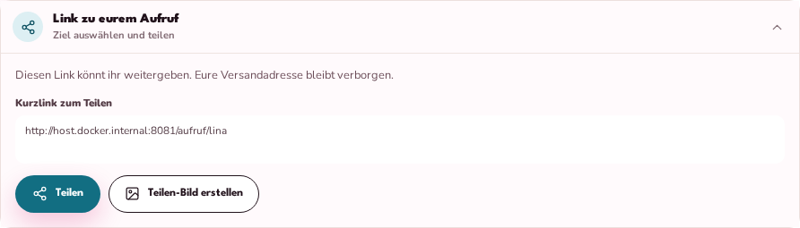 Geöffneter Teilen-Bereich im Dashboard mit Kurzlink, Teilen-Schaltfläche und Teilen-Bild