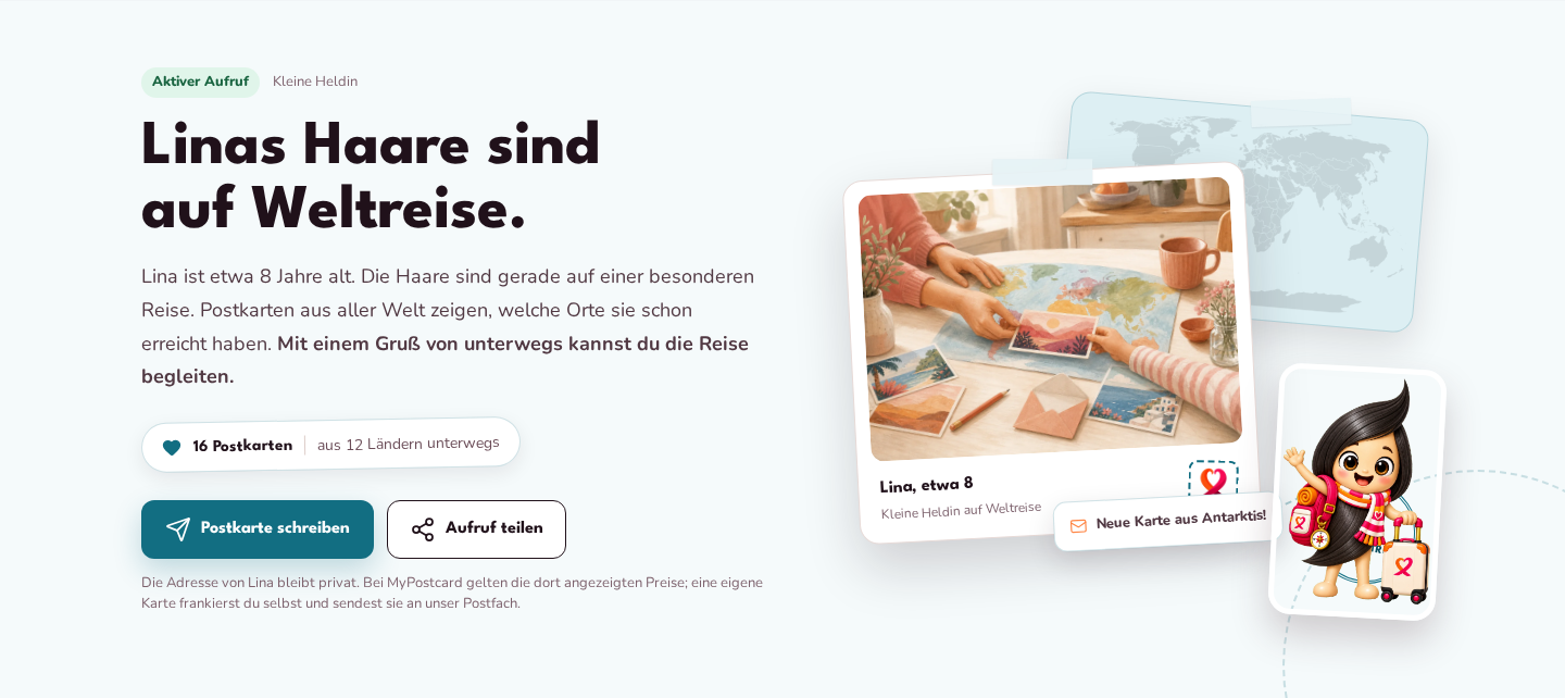 Öffentliche Aufrufseite mit Linas Reise, Weltkarte und dem Bereich zum Schreiben einer Postkarte