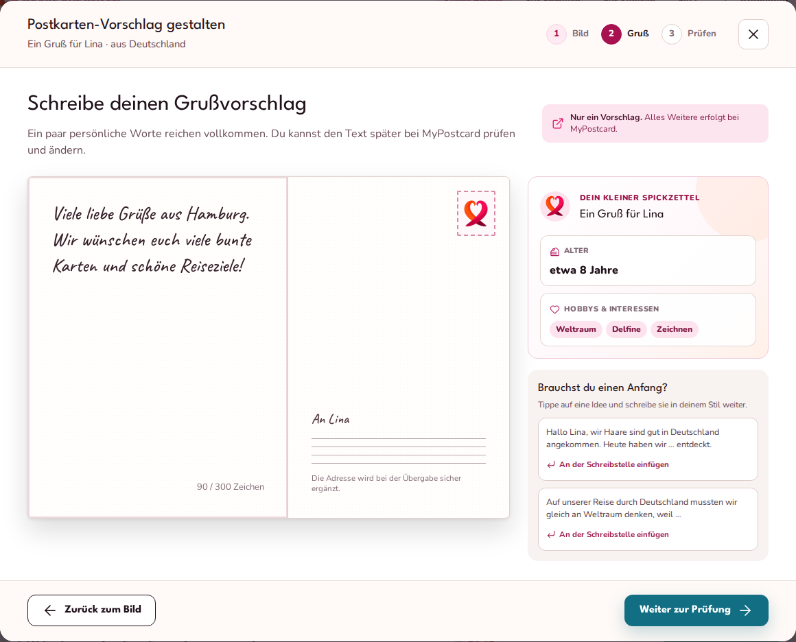 Zweiter Schritt des Postkarteneditors mit Grußfeld, Zeichenzähler und Schreibideen