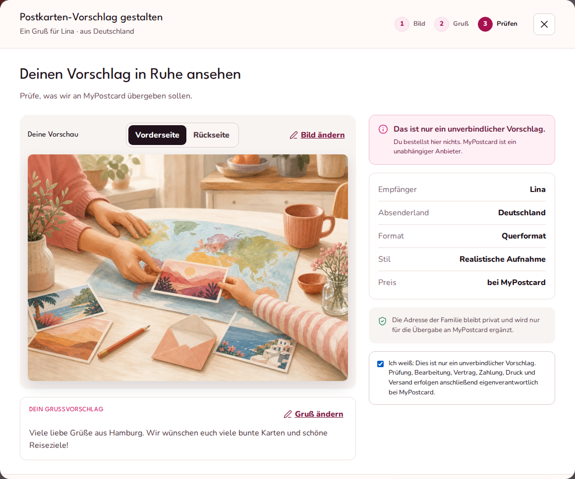 Prüfschritt mit Kartenvorschau und Hinweis zur Übergabe an MyPostcard