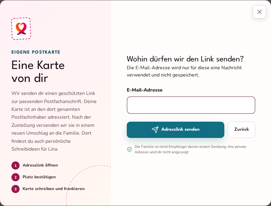 Dialog für eine eigene handschriftliche Karte mit E-Mail-Feld und Erklärung des Versandwegs