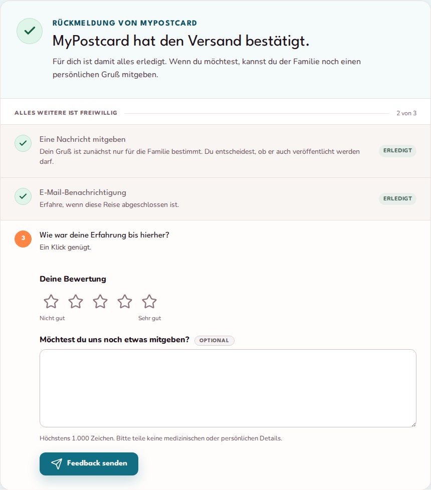 Dritter freiwilliger Schritt mit Sternebewertung, optionalem Kommentar und Schaltfläche zum Senden