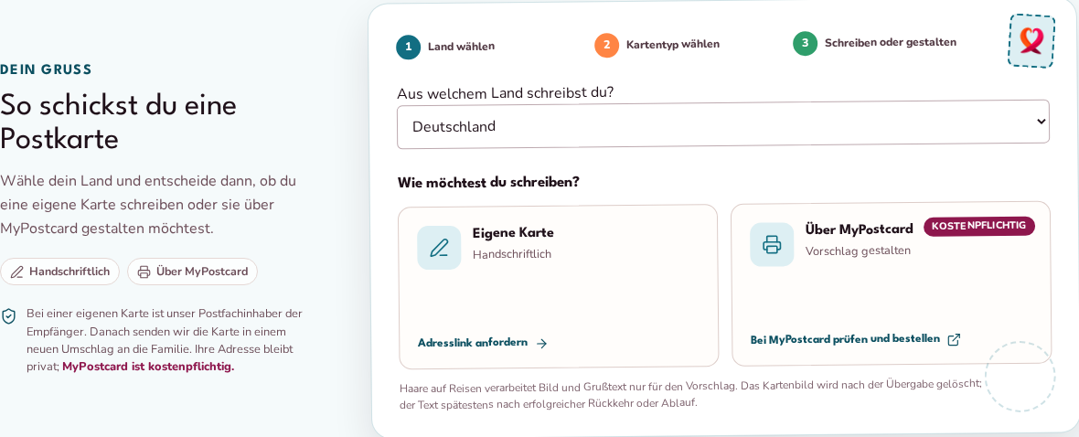 Auswahl des Absenderlandes und der beiden Kartenwege MyPostcard oder eigene handschriftliche Karte