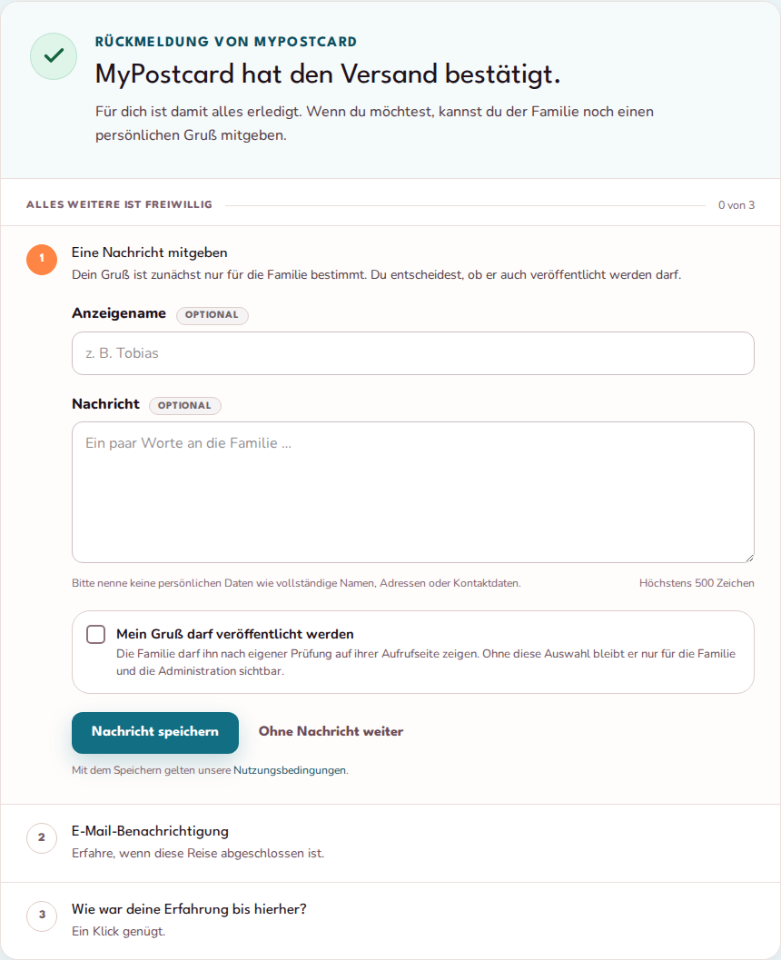 Erster freiwilliger Schritt nach der Kartenbestätigung mit Anzeigename, Nachricht und Veröffentlichungswahl